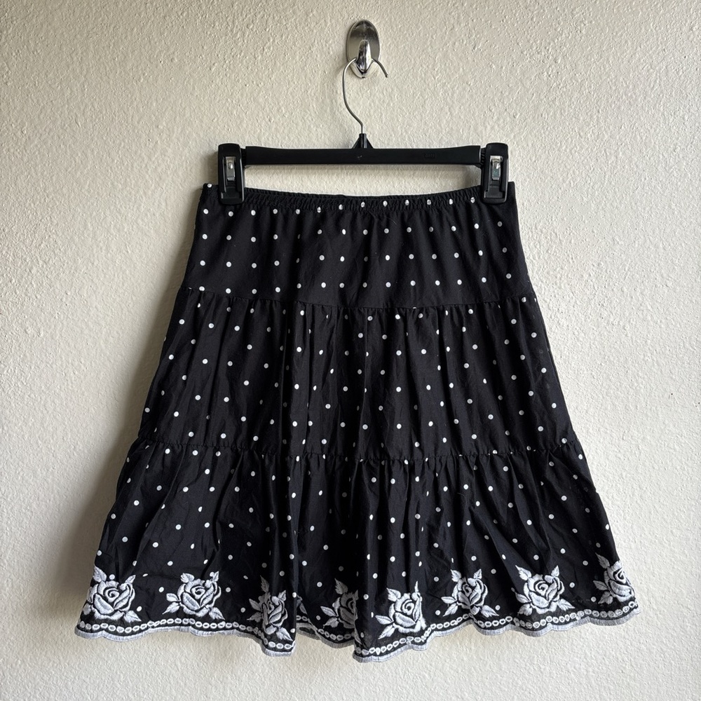 Y2K Joey B Black White Polka Dot Rose Embroidered Tiered Peasant Skirt Size XL